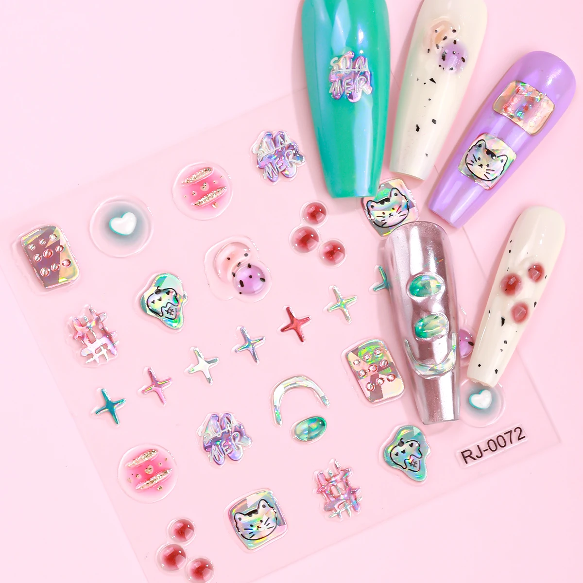 5D Cute Cat Jelly Nail Art Stickers Cartoon Cat's Paw Fruit Star Design Self-Adhesive Nail Sticker DIY Manicure Decoration Decal