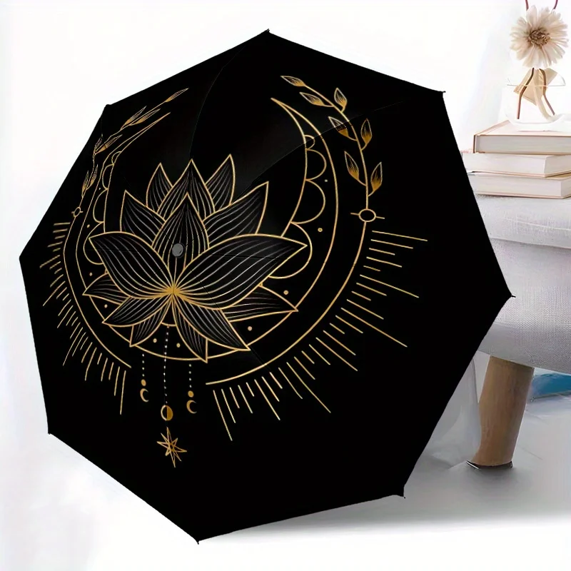 

1pc Lotus Mandala Automatic Open/Close Folding Compact Umbrella - 8-Rib Sturdy Canopy, Lightweight Portable, Durable Plastic &