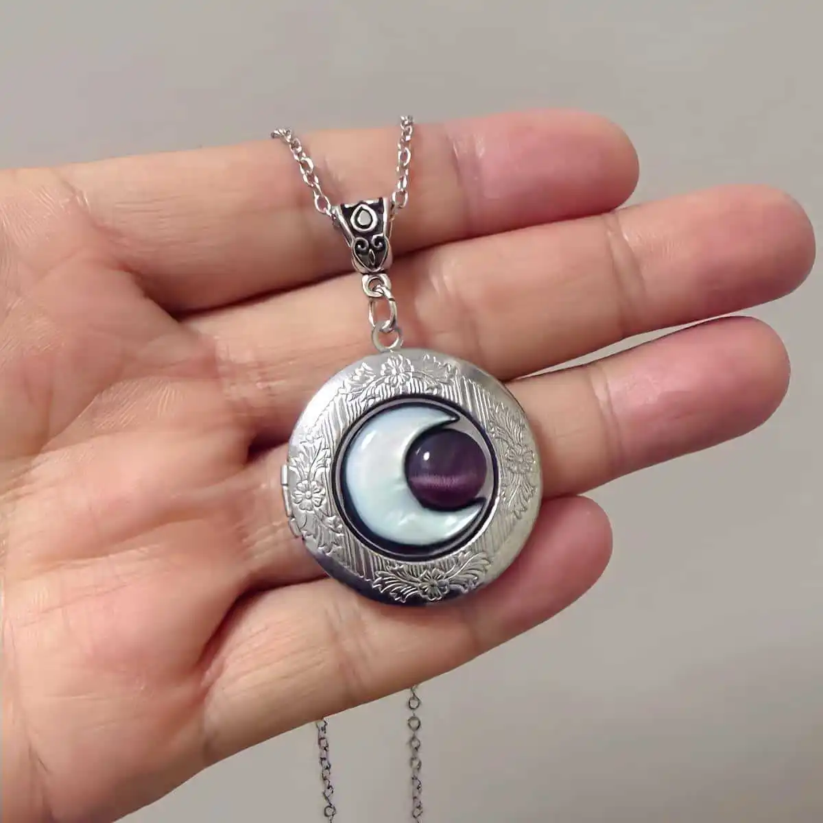 Collar con Medallón de Luna Creciente, Chapado en Plata, Collar de Luna Morada, Acero Inoxidable, Amatista, Joyería Hecha a Mano