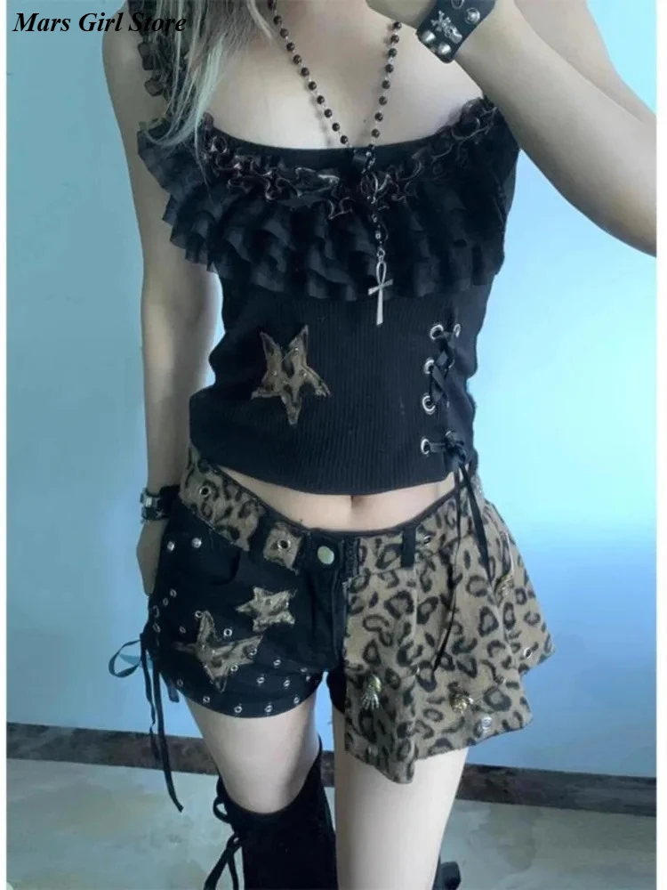 

Summer Y2k Retro Sexy Shirts Women's Leopard Print Patchwork Denim High Waist Shorts It Girl 2000s Grunge Gothic Streetwear New