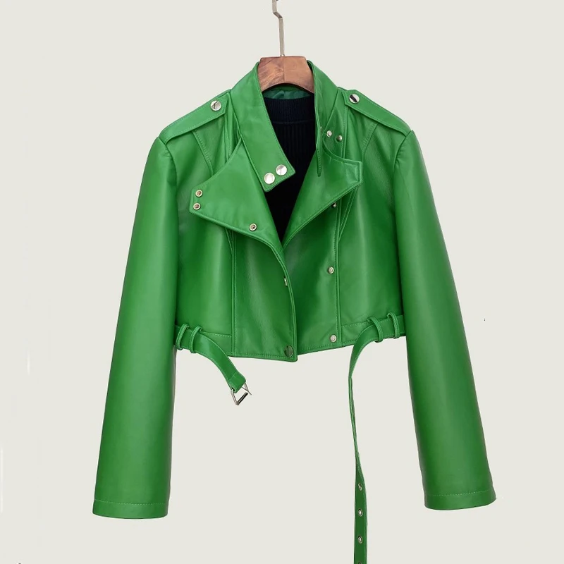 Giacche in vera pelle da donna 2025 New Fashion Colletto alla coreana Giacca stile moto allentata Cappotti corti in pelle di pecora a vita alta femminile