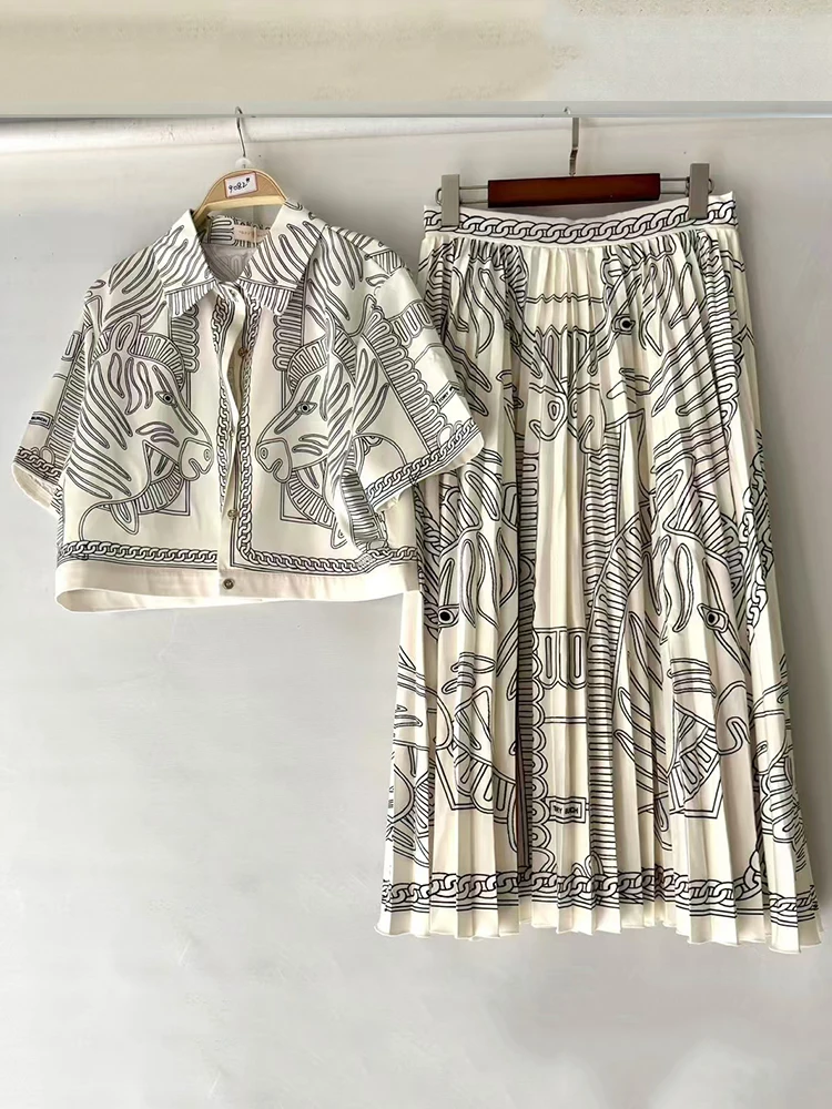 Vintage geometric print lapel short shirt two-piece set 2025 spring women's new + high waist loose pleated skirt fashion set