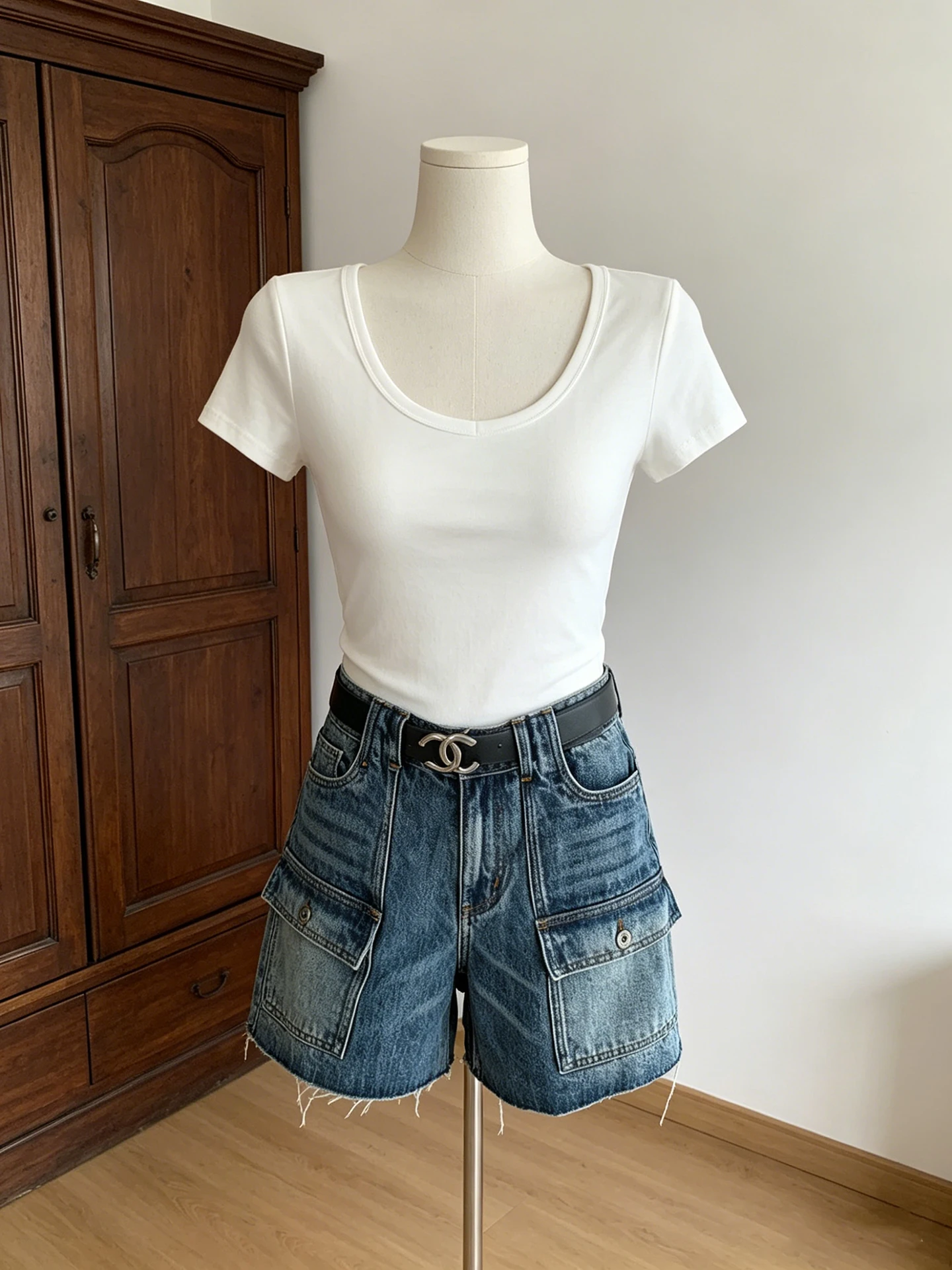 Retro American Washed Straight Leg Denim Shorts Women's Summer New Multi-Pocket Design Workwear Pants High Waist Cargo Trousers