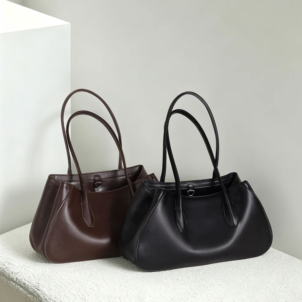 

French Minimalist Top-Grain Cowhide Saddle Hobo Bag, Elegant Daily Underarm Shoulder & Handbag