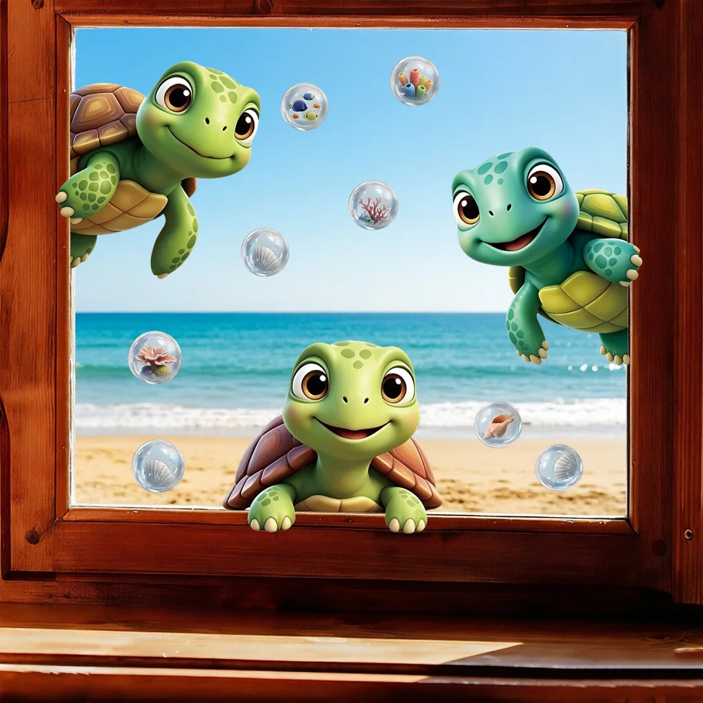 Cute Cartoon Little Turtle Window Sticker Sheet Size 40x40cm Three Adorable Baby Sea Turtles With Transparent Bubble Elements