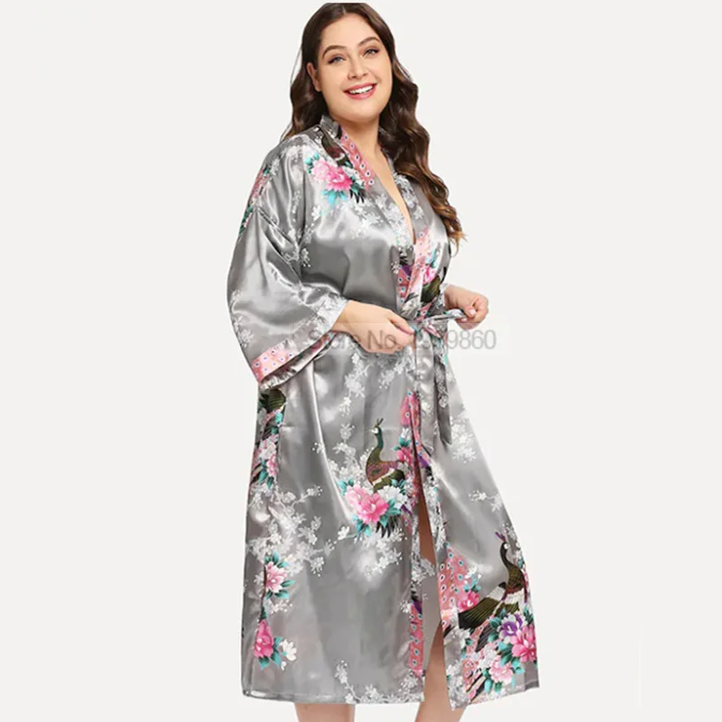 Long Satin Robe Lady Print Peacock Nightwear 3XL Kimono Bathrobe Gown V-Neck Lingerie Large Size Nightgown Lounge Wear Sleepwear