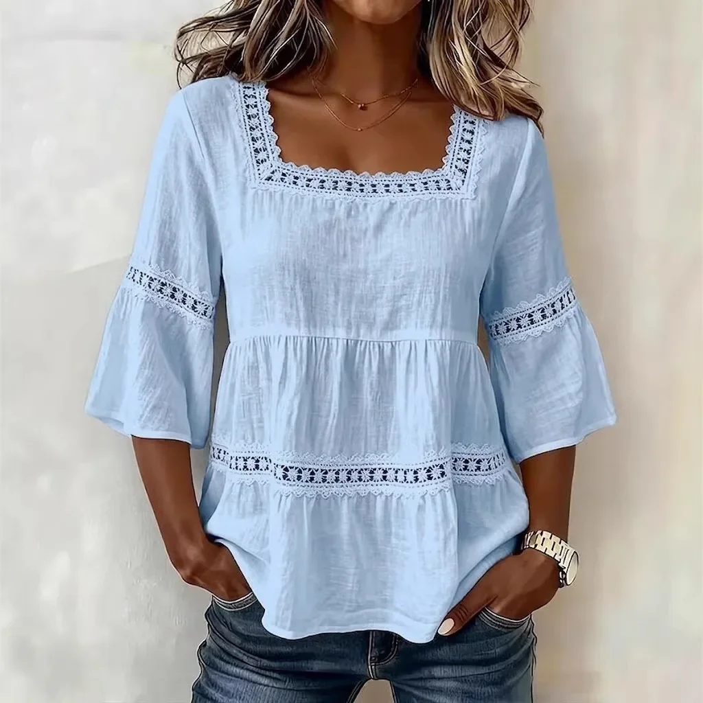 

Casual Lace Square Collar Loose Tops For Women Summer 2026 Fashion Solid Color 3/4 Sleeve Square Collar Blouses Elelgant