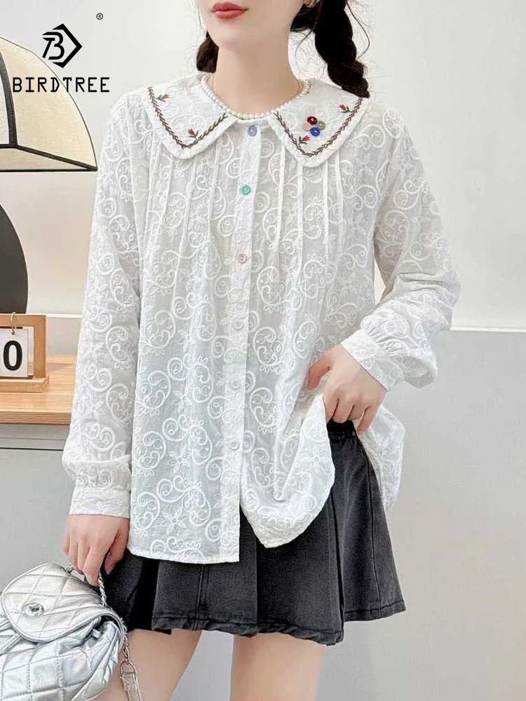 

New 2026 Spring Cotton Long Sleeve Shirt, Women Turn-down Collar Embroidery, Mori Girl French Preppy Style Loose Blouse T5D020CC