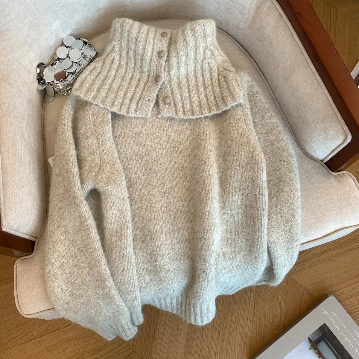 Otoño Invierno Beige gris cuello redondo suéter de manga larga mujer verde Festival pulóver Tops de punto y bufanda conjuntos simplicidad