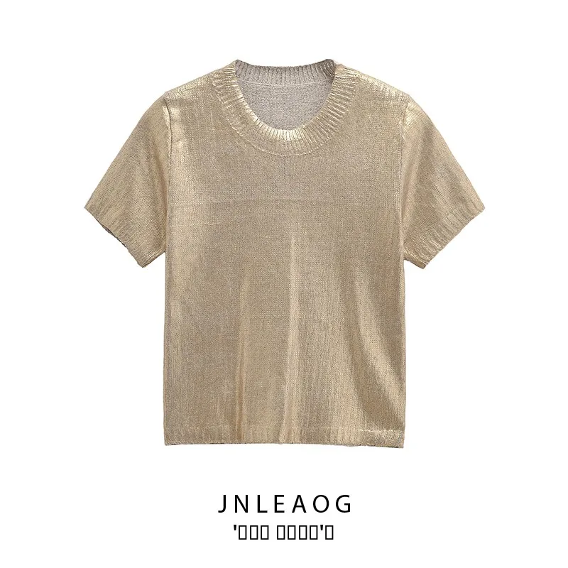 

JNLEAOG модная металлическая фольга ort Sve вязаный топ женский осенний новый универсальный Sli Design Sense из полиэфирного волокна