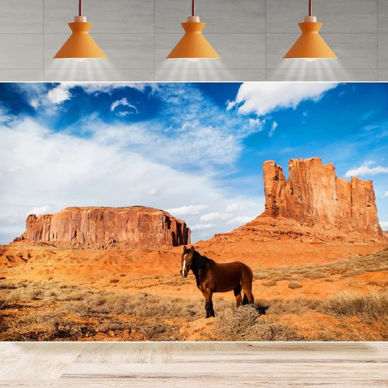 Fondo de fotografía vaquero occidental cielo azul Barren montañas paisaje del desierto Takahara fondo de caballo pared de fondo de fiesta en casa