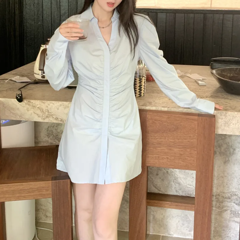 KWTX 여성 셔츠 드레스 벨트 허리 주름 라펠 우아하고 세련된 캐주얼 파티 봄 여름 2025 편안한 미니멀리스트 럭셔리
