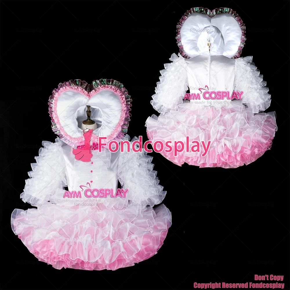 fondcosplay adult sexy cross dressing sissy maid short baby white satin organza dress lockable Heart hood CD/TV[G2398]