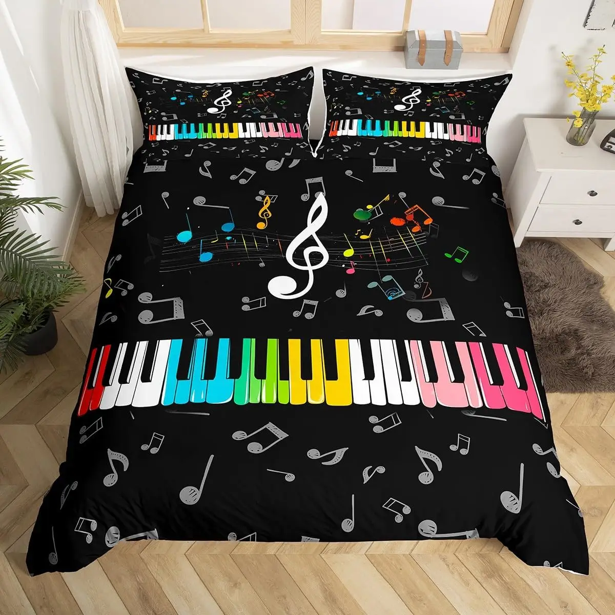 Musical Notes Duvet Cover,Piano Key Comforter Cover Twin Queen Size,Music Themed Bedding Set Melody Musical Note Bedclothes 3Pcs