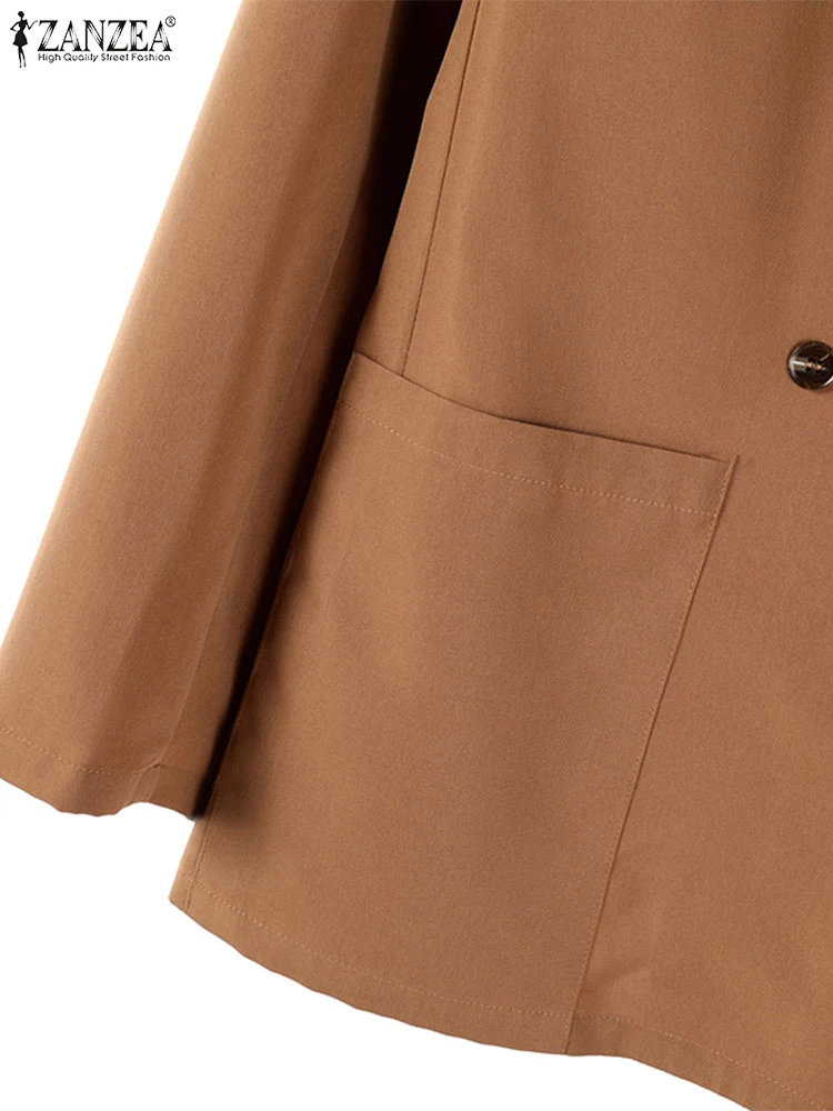 سترة ZANZEA لخريف 2025 خفيفة الوزن للنساء أنيقة OL مع طية صدر مدببة وأكمام طويلة مزدوجة الصدر بلون واحد سترات بدلة