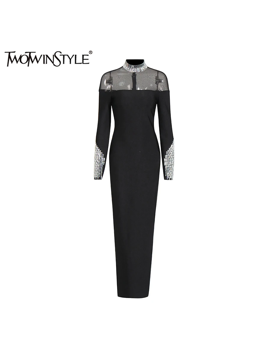 TWOTWINSTYLE Patchwork Diamonds Slimming Dress For Women Stand Collar Long Sleeve Evening Party Chic Dresses Female Fashion New