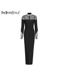 TWOTWINSTYLE Patchwork Diamonds Slimming Dress For Women Stand Collar Long Sleeve Evening Party Chic Dresses Female Fashion New