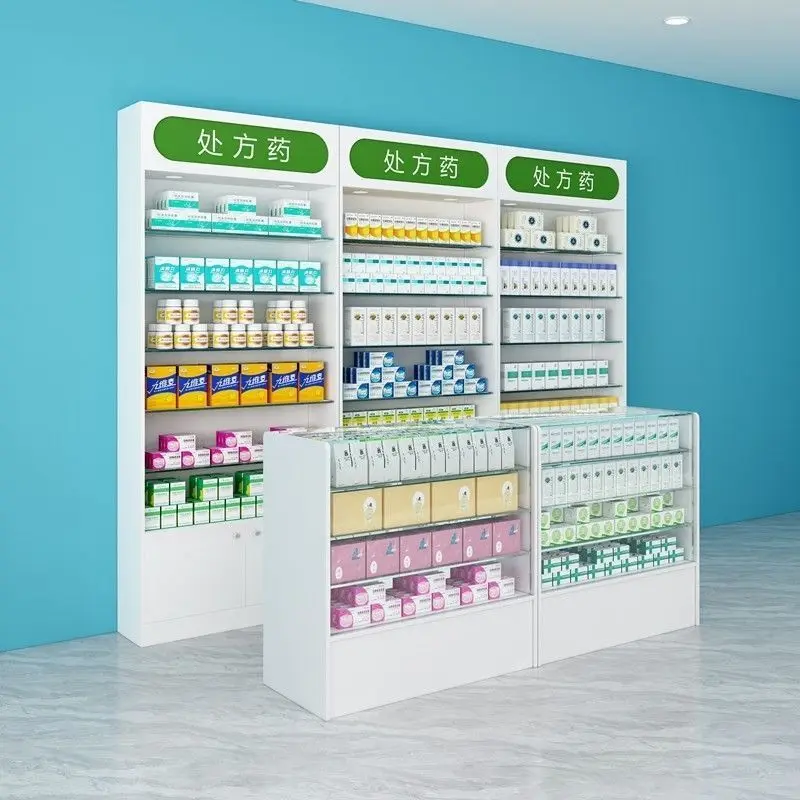 Escaparate de vidrio de madera personalizado para tienda médica comercial, Mostrador de tienda de farmacia, muebles de farmacia, diseño Interior a la venta