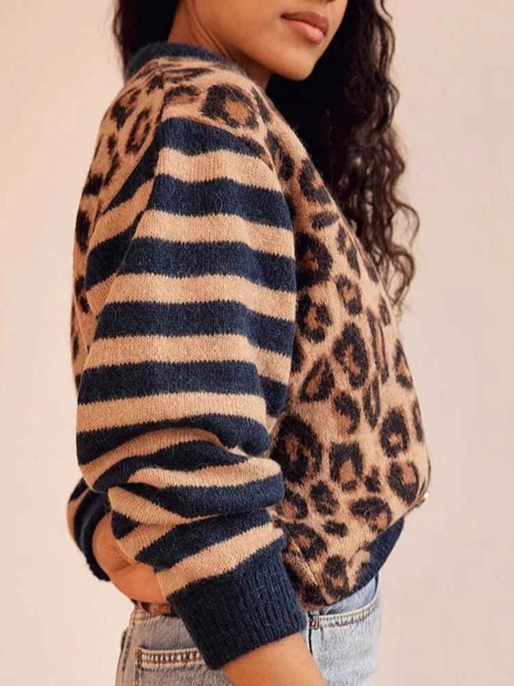 Fashion Stripe Leopard Cardigan Sweater Women Patchwork Long Sleeve Casual Knitted Coat Autumn Lady Chic Streetwear Overcoat