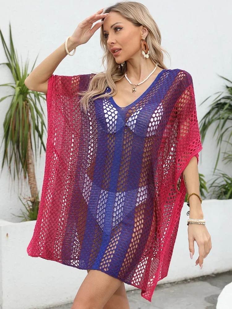 جديد التدرج الجوف خارج بيكيني التستر النساء الشاطئ التستر الخامس الرقبة فستان الشاطئ الصيف موضة جديدة الإناث عطلة بحر