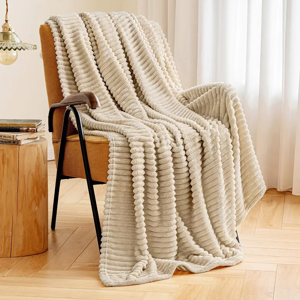 

Fleece Throw Blanket With Stripe Pattern Fuzzy Flannel Beige Blanket For Couch Plush Warm Cozy Bed Blanket Boho Decor For Bed