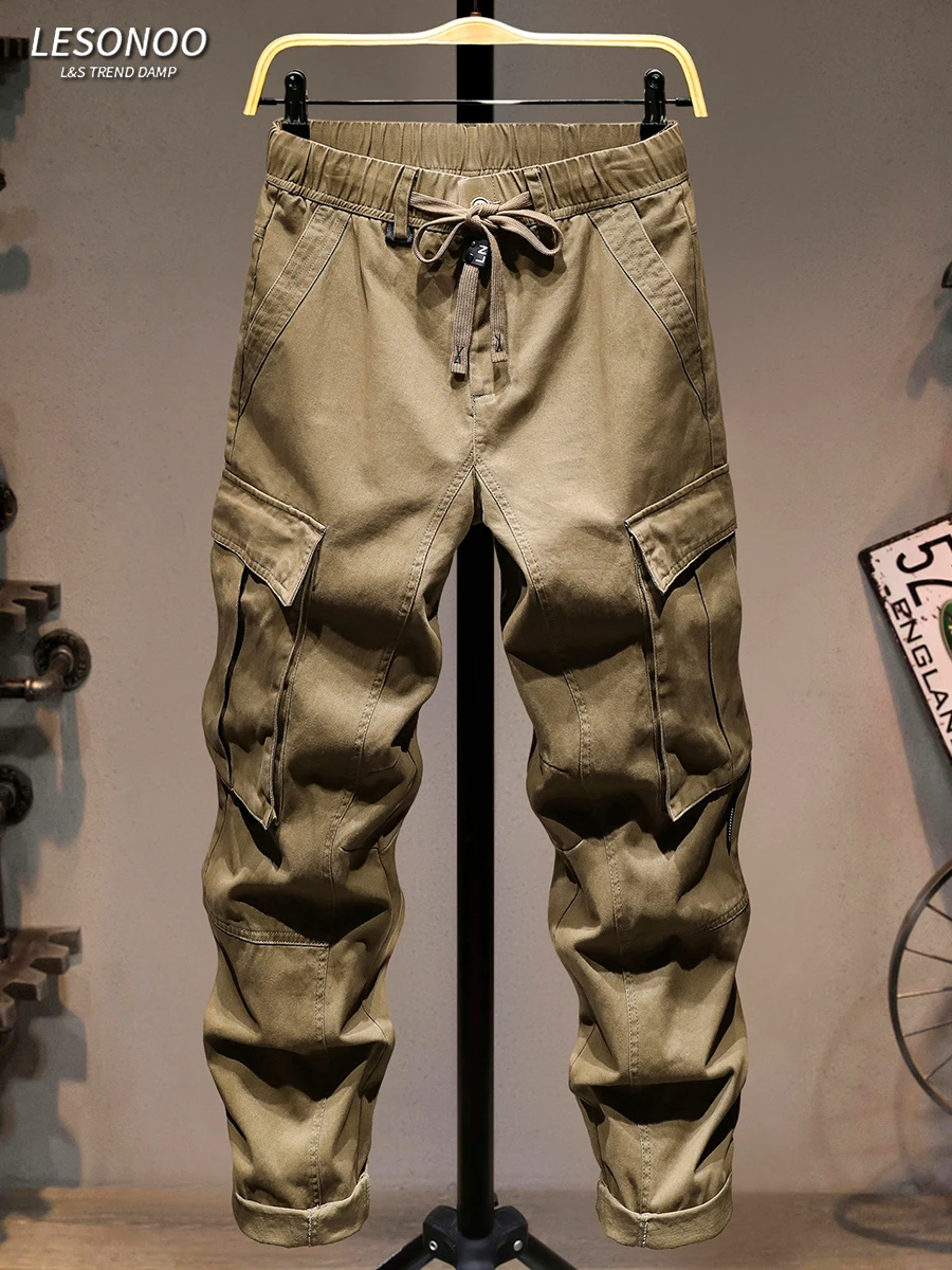 

American Sle Loose Straight Leg Cotton Work Trousers for Men Youth Casual Pants with kets Elastic Waist Pure Cotton