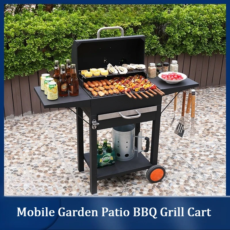 Wheeled Movable BBQ Grill Cart, Integrated Outdoor Charcoal Barbecue Stove, Large Patio Garden Cooking Grill with Wheels