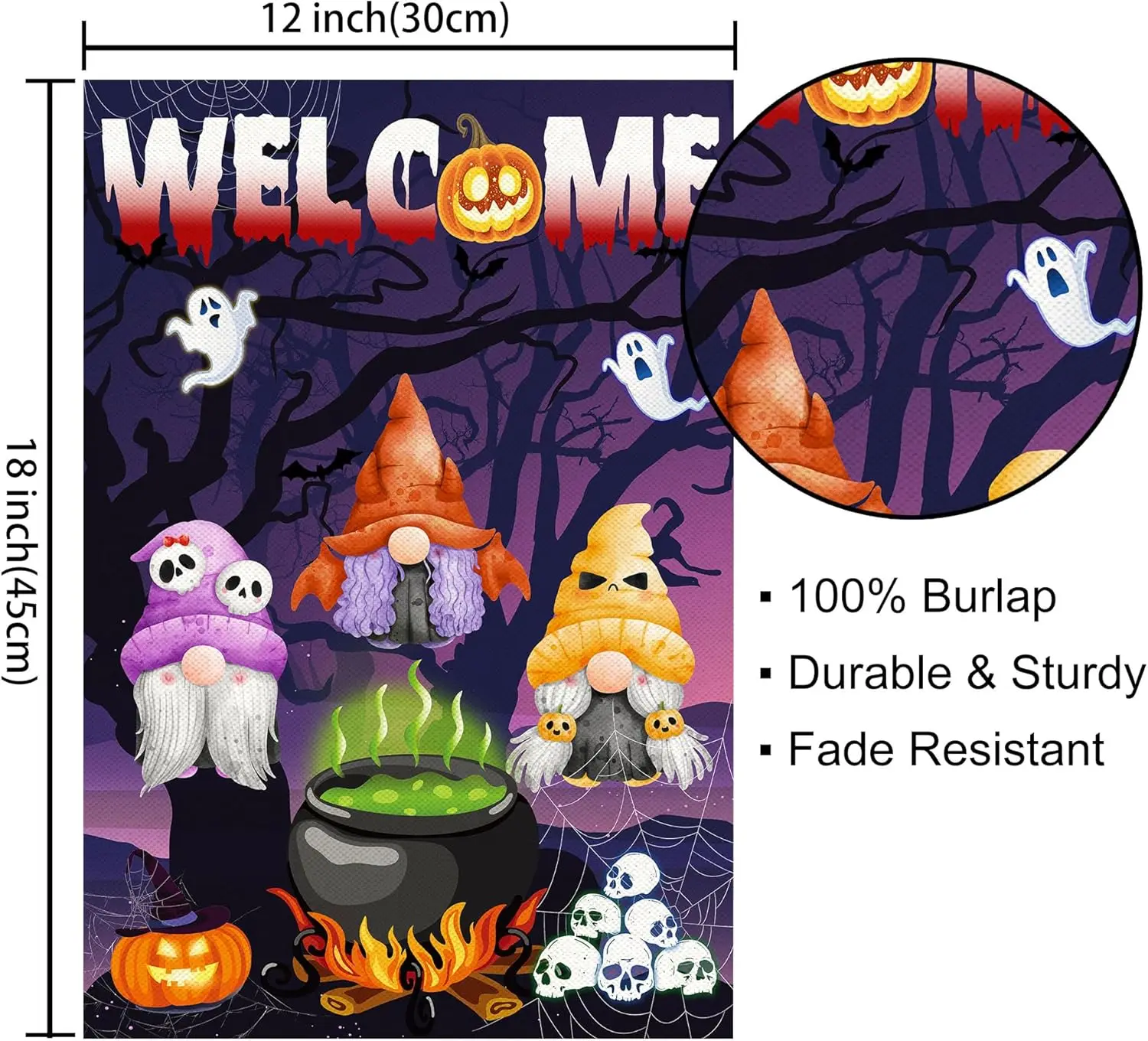 Halloween Garden Flag, Halloween Flags 12x18 Double Sided, Welcome Halloween Gnomes with Pumpkins Black Cat Ghost Burlap Ver IIC