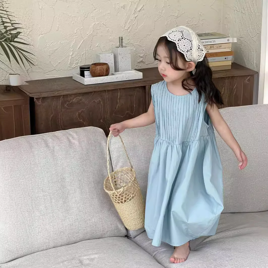 

Children Skirt Korean Style Girls Play Sleeveless Sundress 2024 Summer New Children Baby Girl Cotton Dress Cotton Lantern Skirt