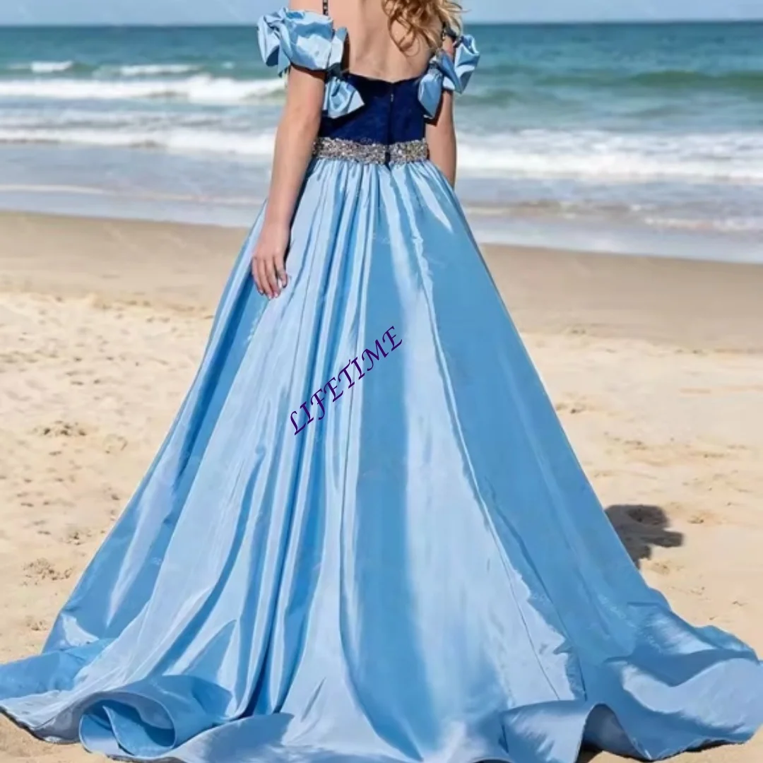 Customized Kids Flower Girl Dress A-line Princess Spaghetti Strap Ruffles Train Pageant Gown with Crystal Sashes for Wedding Par