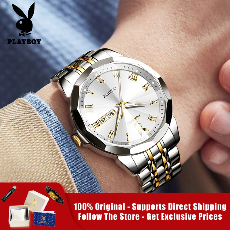

PLAYBOY 3502 Оригинальные мужские кварцевые часы с ромбовидным зеркальным циферблатом, двойным календарем и ремешком из нержавеющей стали