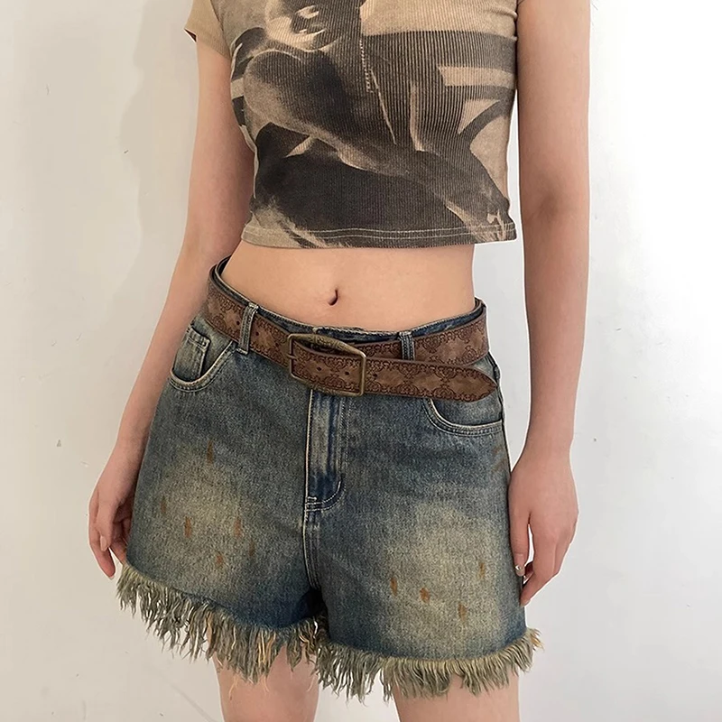 

Print Pattern Retro Y2K Belt Luxury Buckle Pin PU Leather Waistband For Women Hip Hop Fashion Jeans Belt