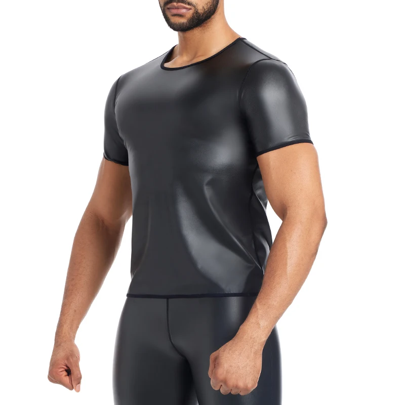 New Men\'s Black T-Shirt Faux Leather Short Sleeve Tops Male Slimming Shirt Body Shaper Waist Trainer Leather Shapewear Underwear