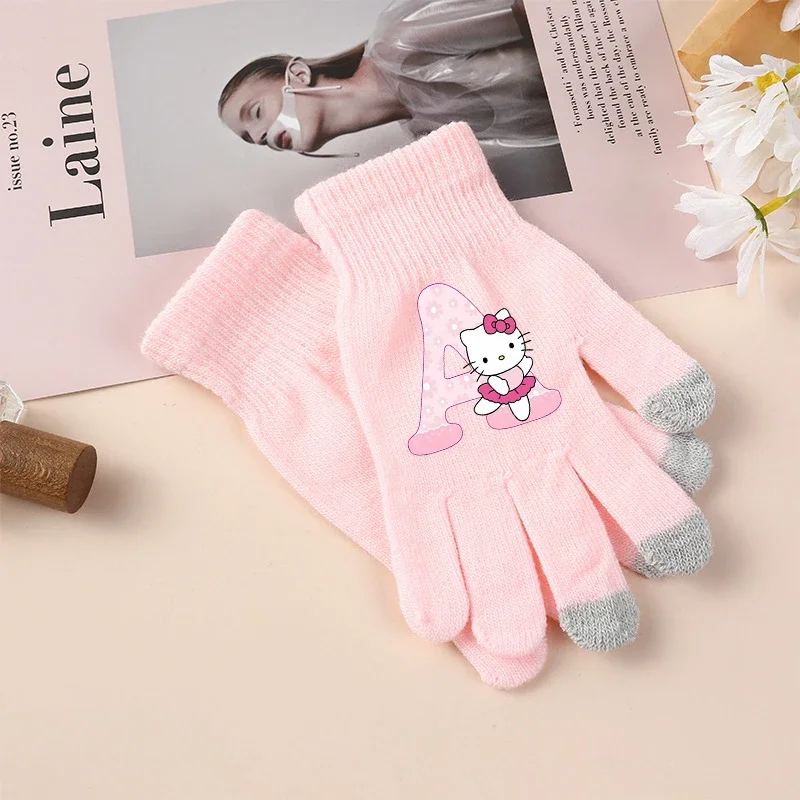 Hello Kitty Knitted Gloves Sanrio Girl Cute Cartoon Letter Thick Mittens Winter Outdoor Windproof Warm Gloves Child Anime Gift