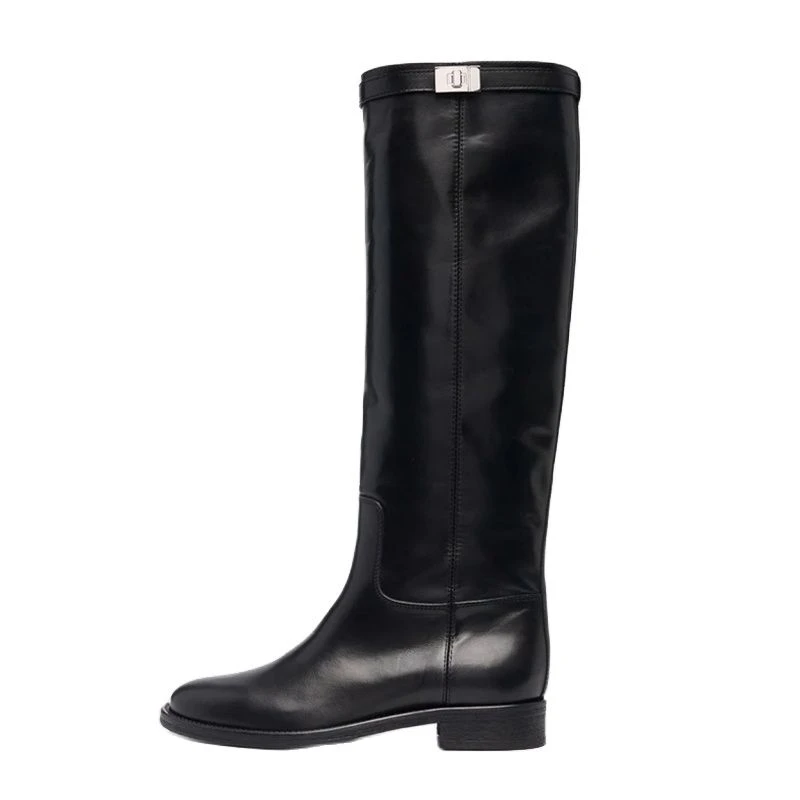 Arden Furtado 2025 Autumn Cowhide Metal buckle knee high boots Round Toe lower heel Slip-on Riding boots Large size Women's Boot