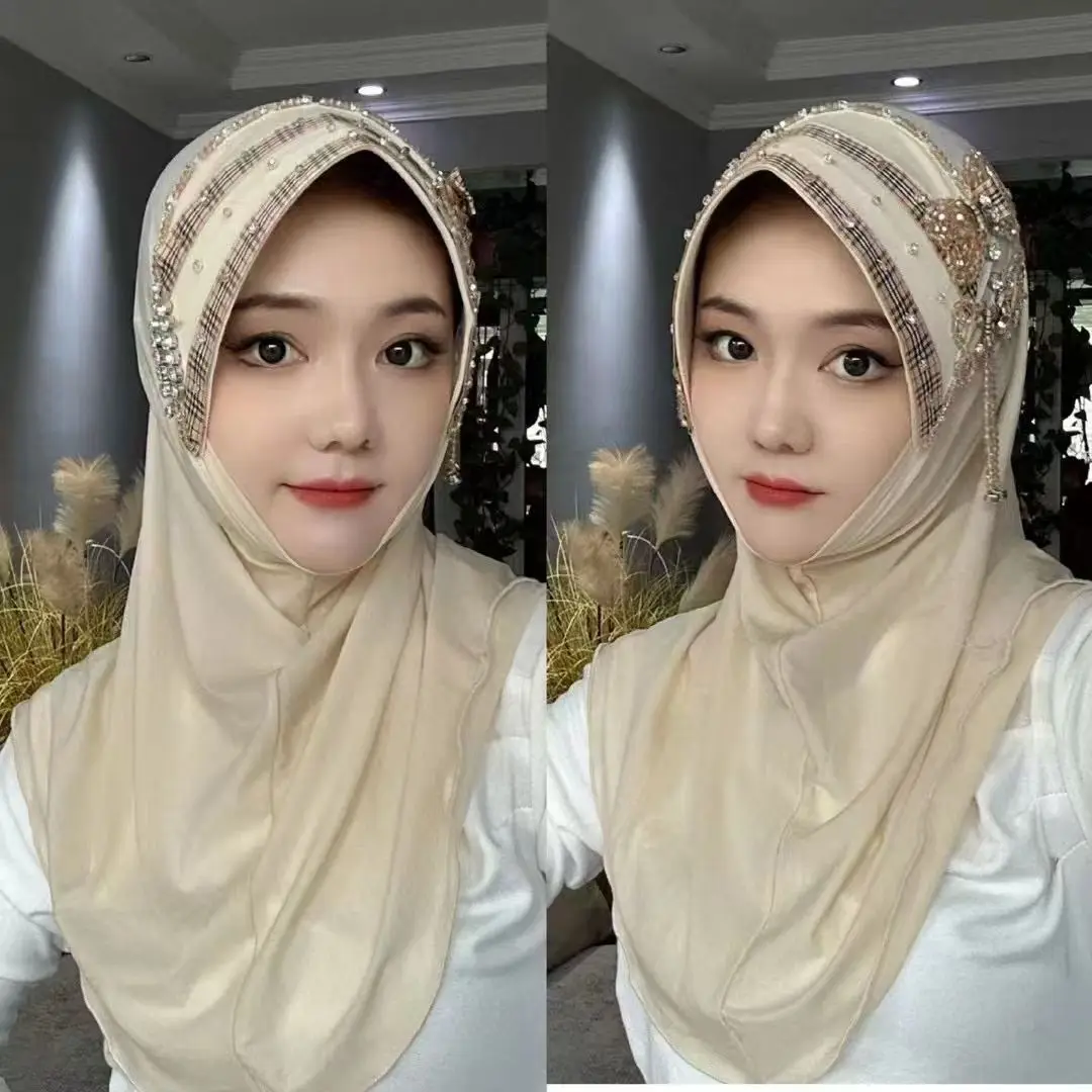 

Muslim Women's Hijabs Purple Pink with Beading Tassels Eid Prayer Headscarf Evening Party Luxury Malaysia Islam Kufi Scarf
