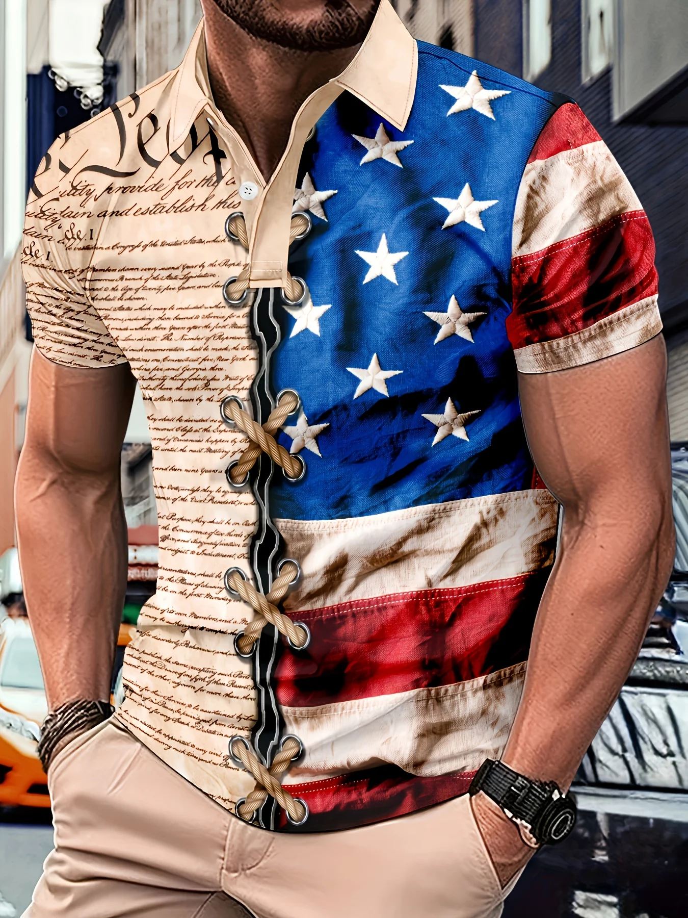 Men's 3D Print Lace-up USA Flag Vintage Script Patriotic Short Sleeve Shirt Streetwear