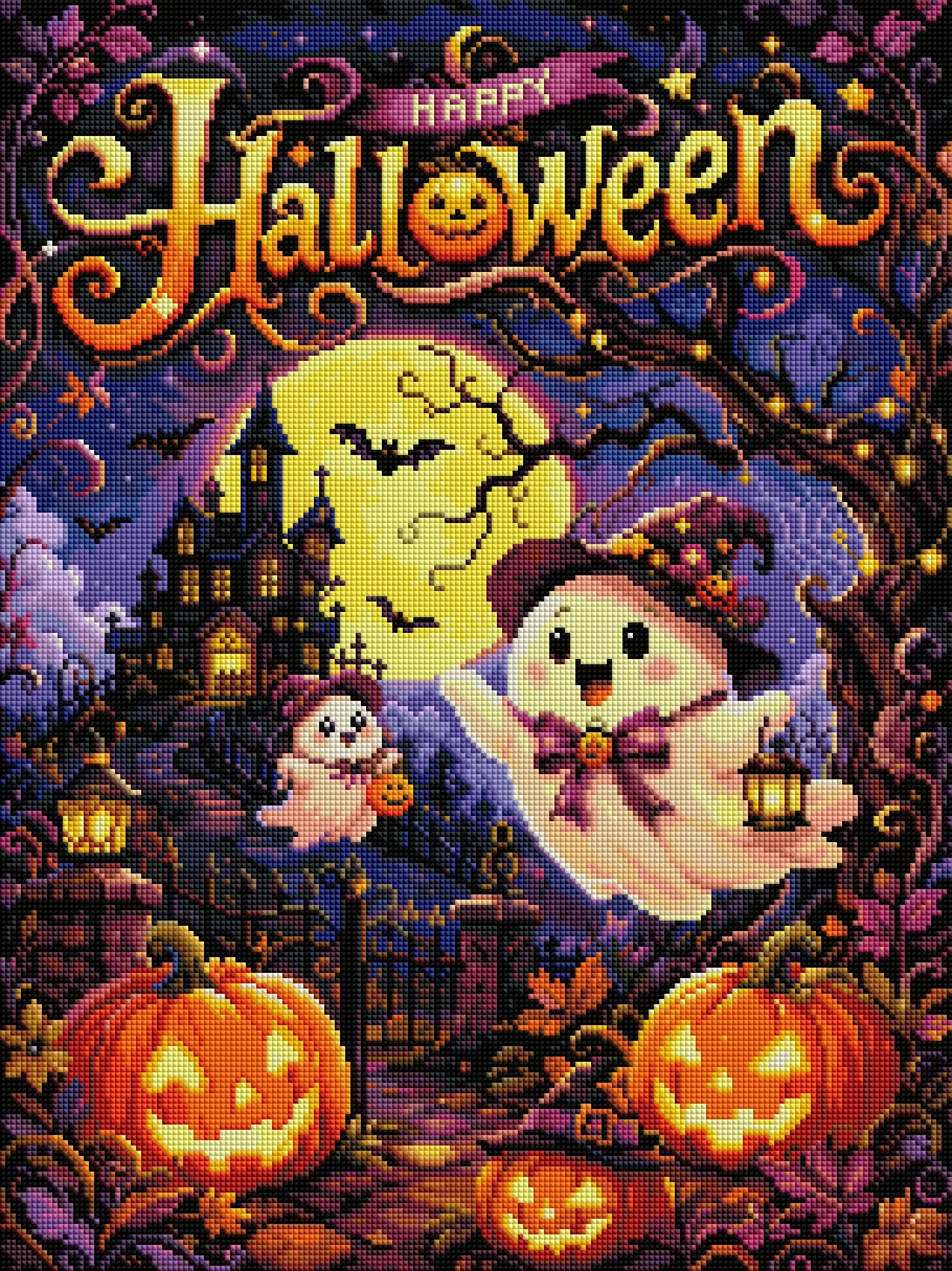 FOREVERYOUNG 5D Diamond Painting Kit Happy Halloween Cute Ghost Haunted House 45×60cm Square AB Fairy Dust Drill Wall Art.