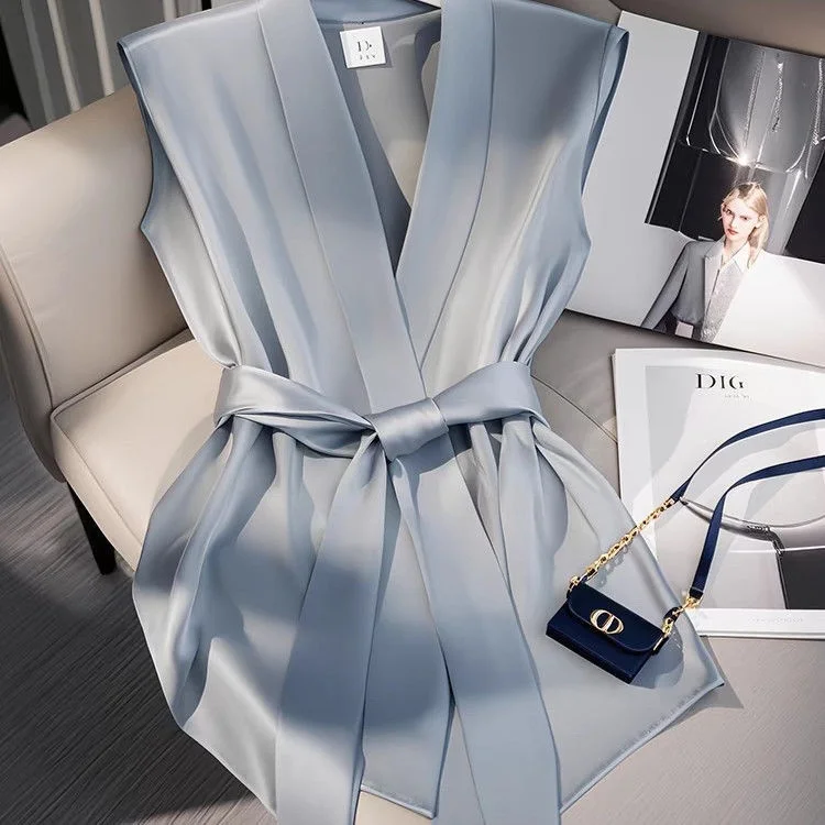 

Нежно-голубая женская блузка с кружевом/шелковым блеском, утягивающая талию, модная, уникальная, красивая, летняя, из смесового кружева/шелка