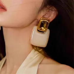 XIALUOKE Metal Geometric Square Crystal Resin Earrings For Women European American Style Chunky Jewelry Accessories