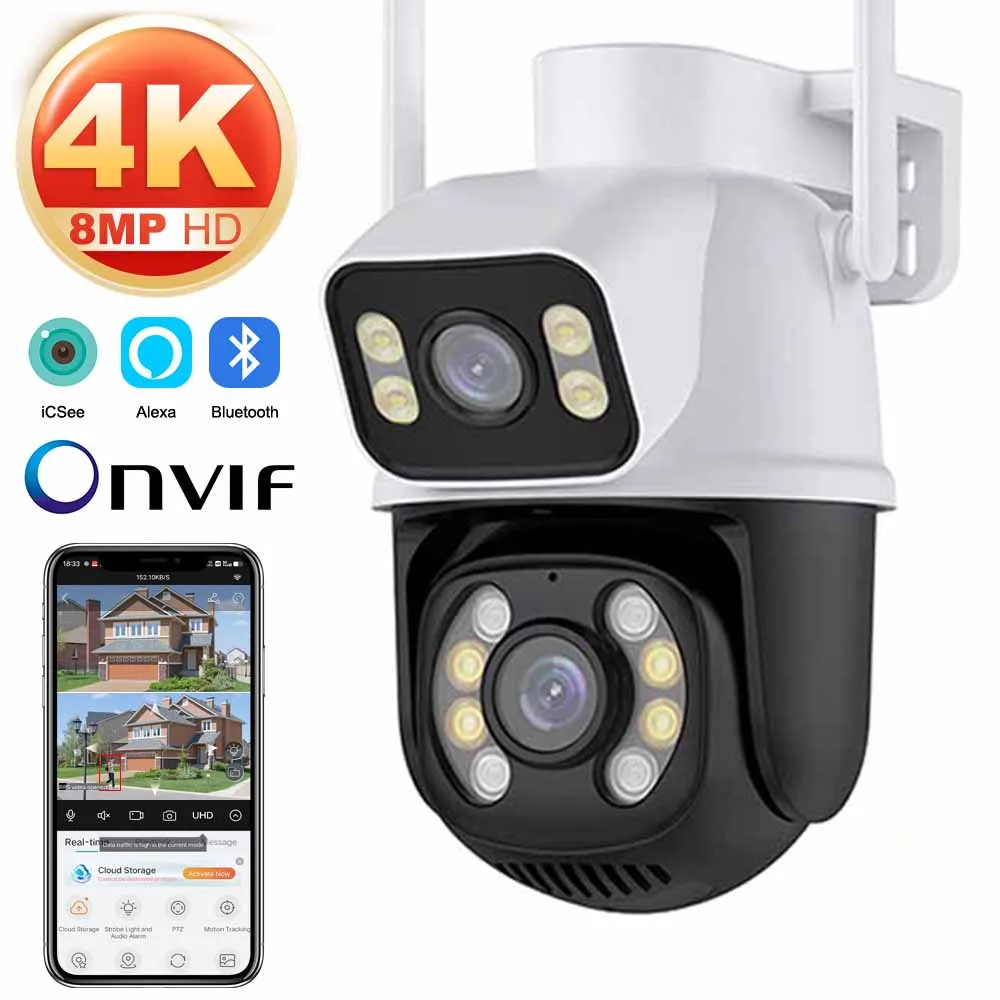 

8MP 4K Dual Lens Dual Screen PTZ Wifi Camera with Ai Human Detect Auto Tracking Wireless Outdoor Surveillance Camera iCSee App