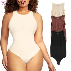 Tank Top Bodysuit Women Seamless Tummy Control Bodysuit Shapewear Sexy Crew Neck Thong Snap Waist Trainer Body Shaper