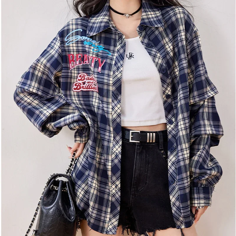 

Модный дизайн, клетчатые рубашки, женские корейские свободные повседневные рубашки на пуговицах с длинным рукавом, женские весенние новые пальто с буквенным принтом, топы