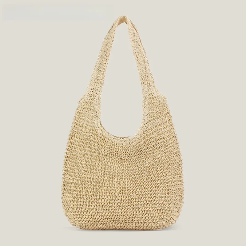 Bohemian-Style Handgewebte Stroh-Hobo-Tasche, Leichte Strandtasche mit Großer Kapazität für Damen-Sommerausflüge Schultertasche – Detail 3