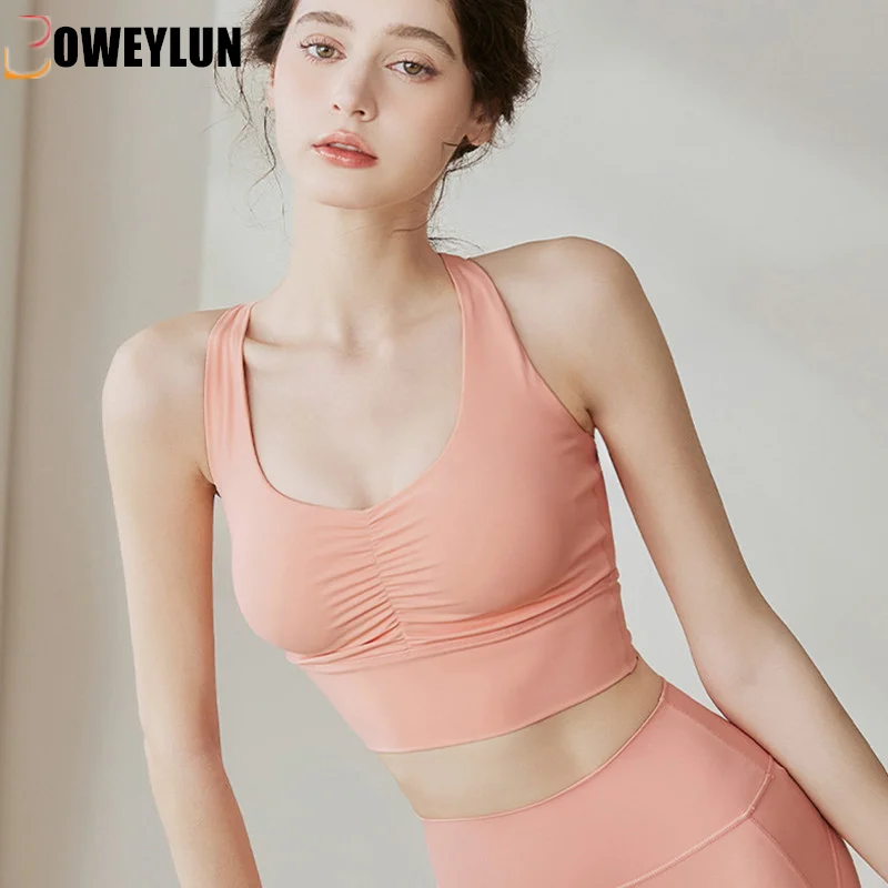 

BOWEYLUN Solid Yoga Sports Tank Top Women's New High Strength Pilates Fixed Cup Cross Back Shock Absorbing Running Sports Bra