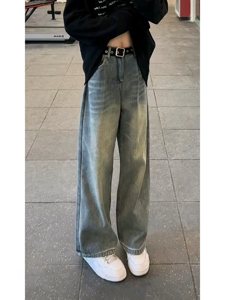 American Retro Blue Denim Jeans High Waist Lift Crotch Cleanfit Straight Leg Long Leg Wide Leg Flared Pants for Men