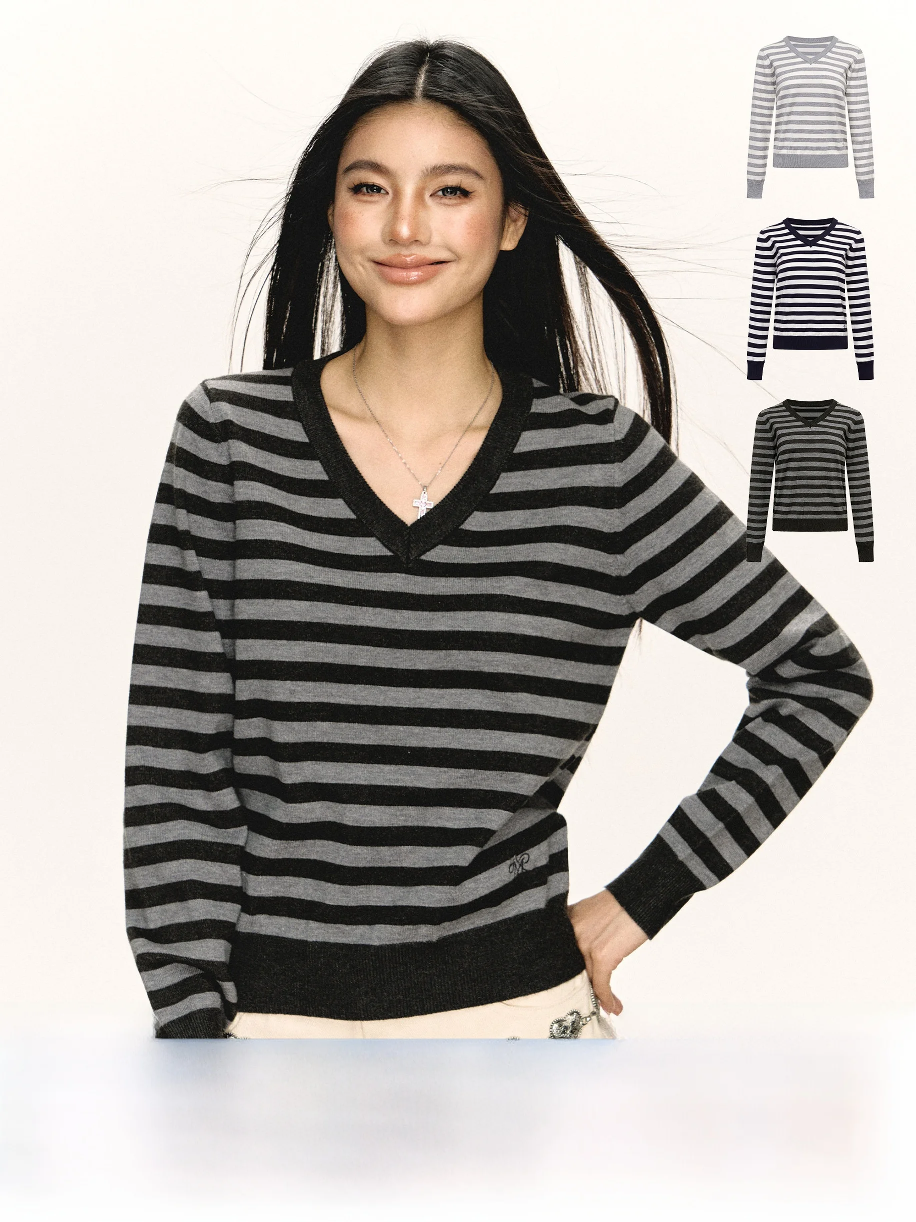 

Ariseism: Американский ретро-свитер в полоску для женщин, новинка весенней коллекции, свободный крой, длинный рукав, V-образный вырез, уличный стиль, смесь полиэстера