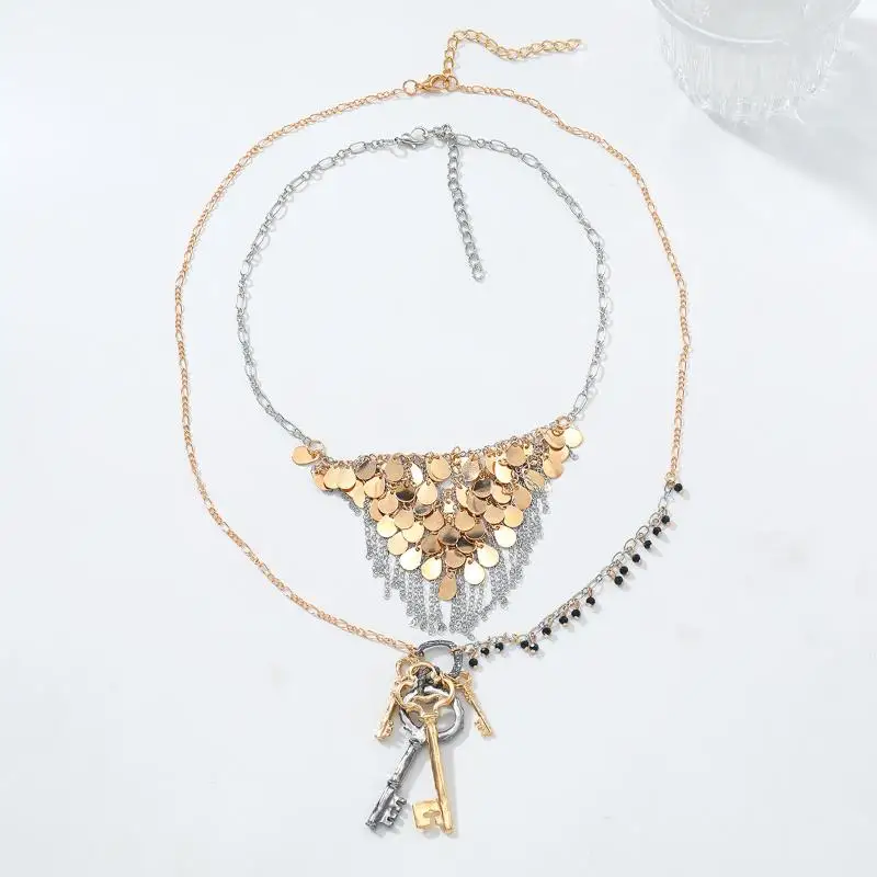 Juego de 2 Collares con Placa Redonda de Metal con Diseño Personalizado, Lentejuelas en Cascada, Joyería Vintage de Moda, Accesorios para el Cuello