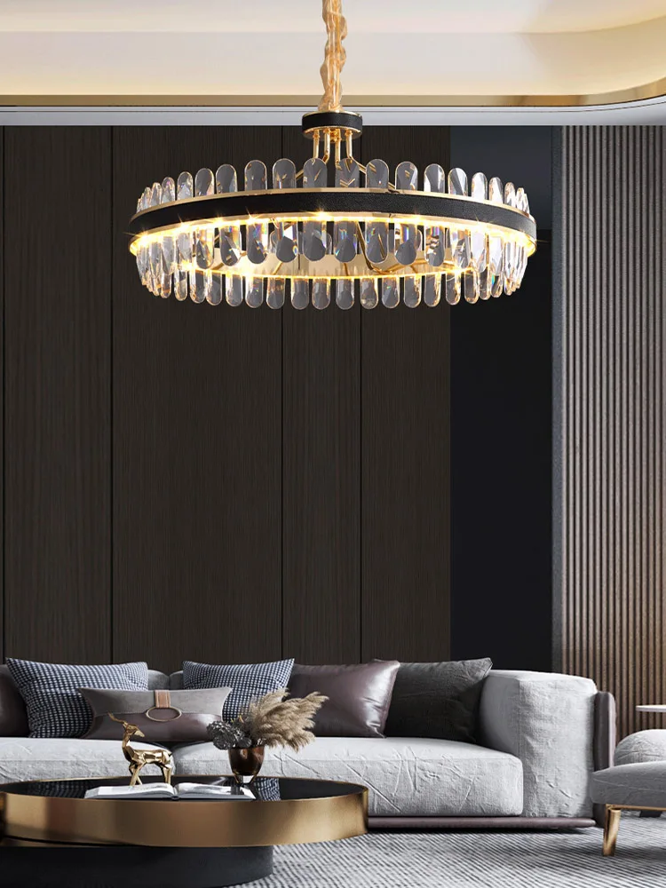 Black Leather Crystal LED Light Ceiling Chandeliers Luxury Lustres Round Hanging Lamps Modern Home Decor for Living Room