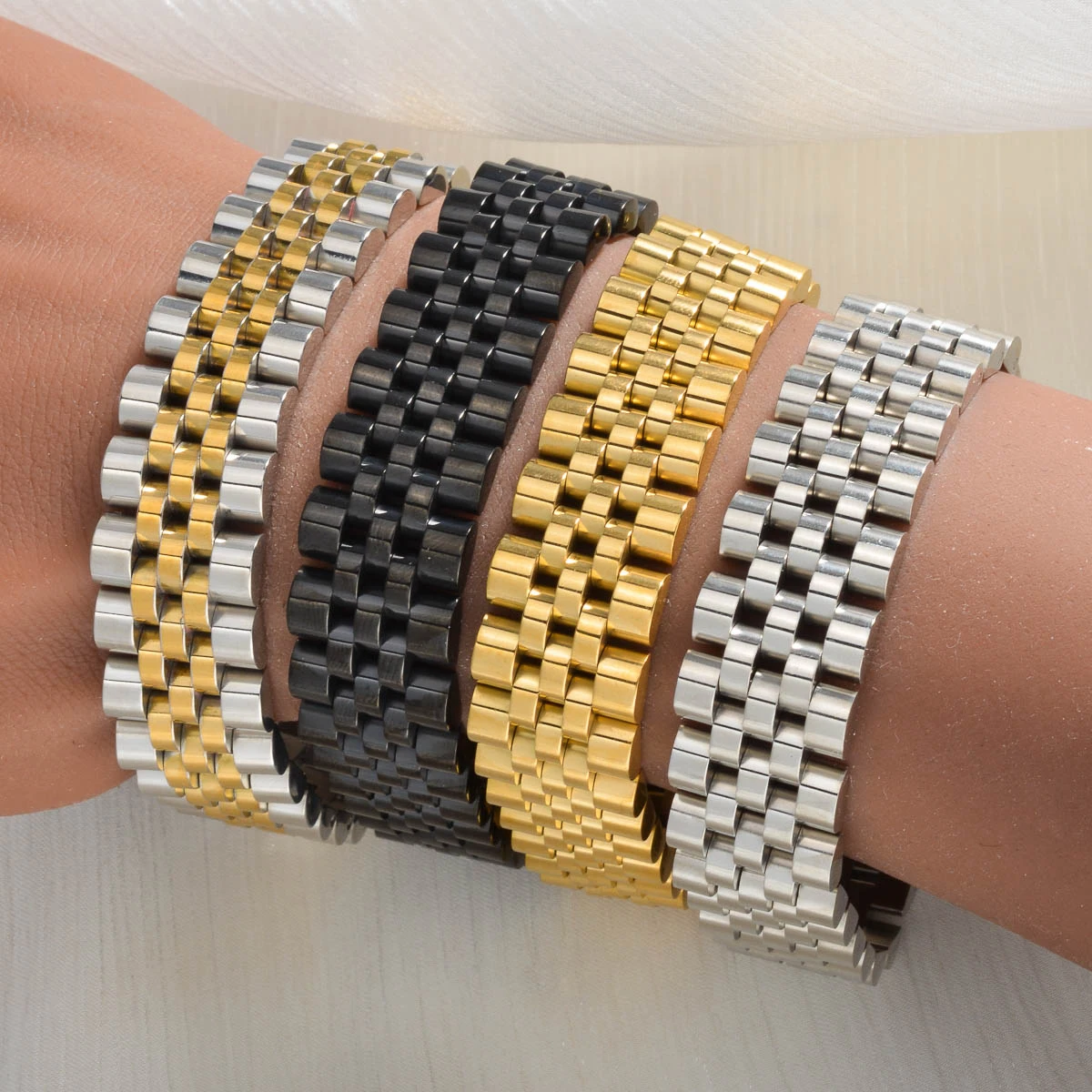 

8MM 12MM 15MM Vintage Stainless Steel Bracelet for Women Men Gold Silver Black Color Hit Color Couple Wrist Jewelry Gift